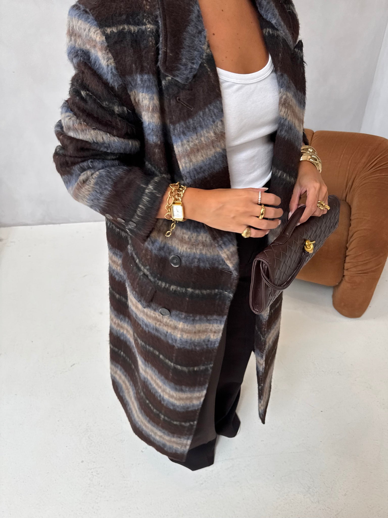 Manteau BELLA long marron à carreaux (W24768)