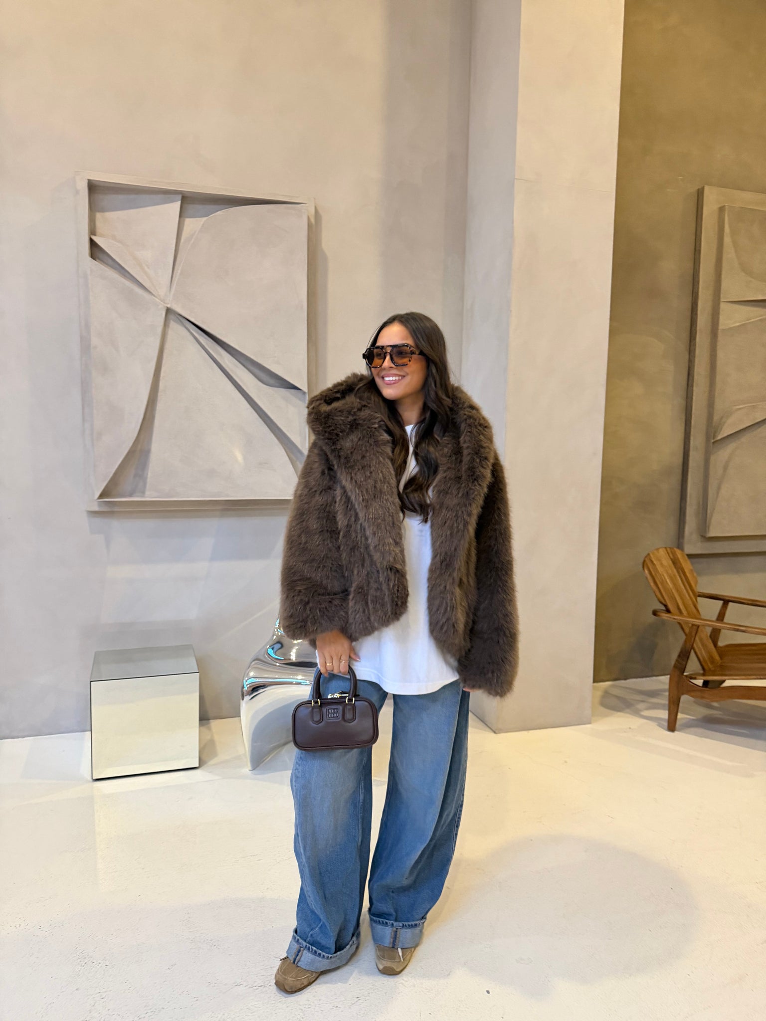 Fourrure vegan MINA capuche marron (JS6710)