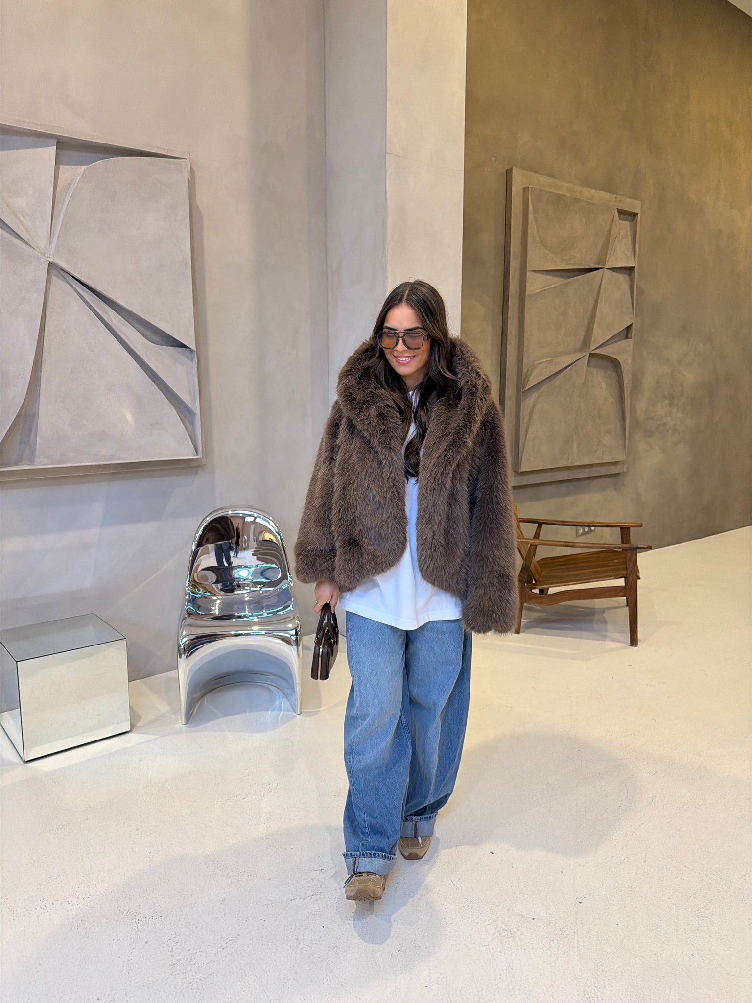 Fourrure vegan MINA capuche marron (JS6710)