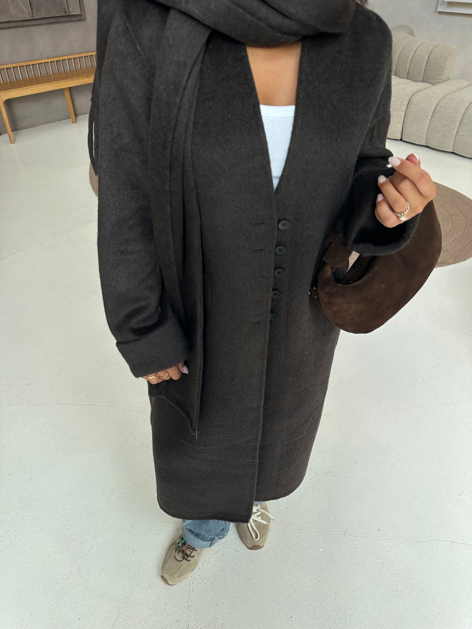 Manteau long laine marron avec écharpe (25CY901)