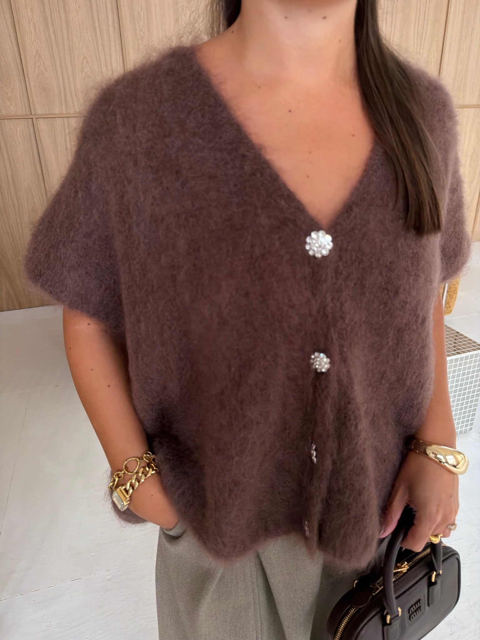 Gilet kid mohair bijoux marron (24004)