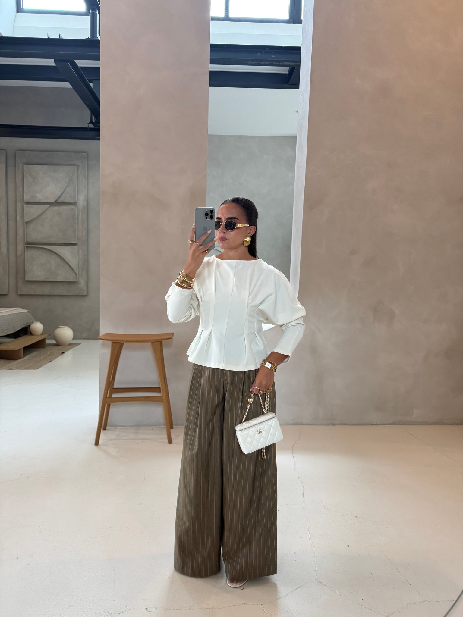 Pantalon rayures large kaki (25CY907)