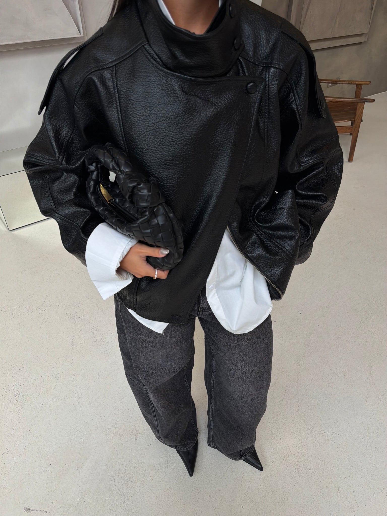 Veste en similicuir noir oversize KZ (8822)