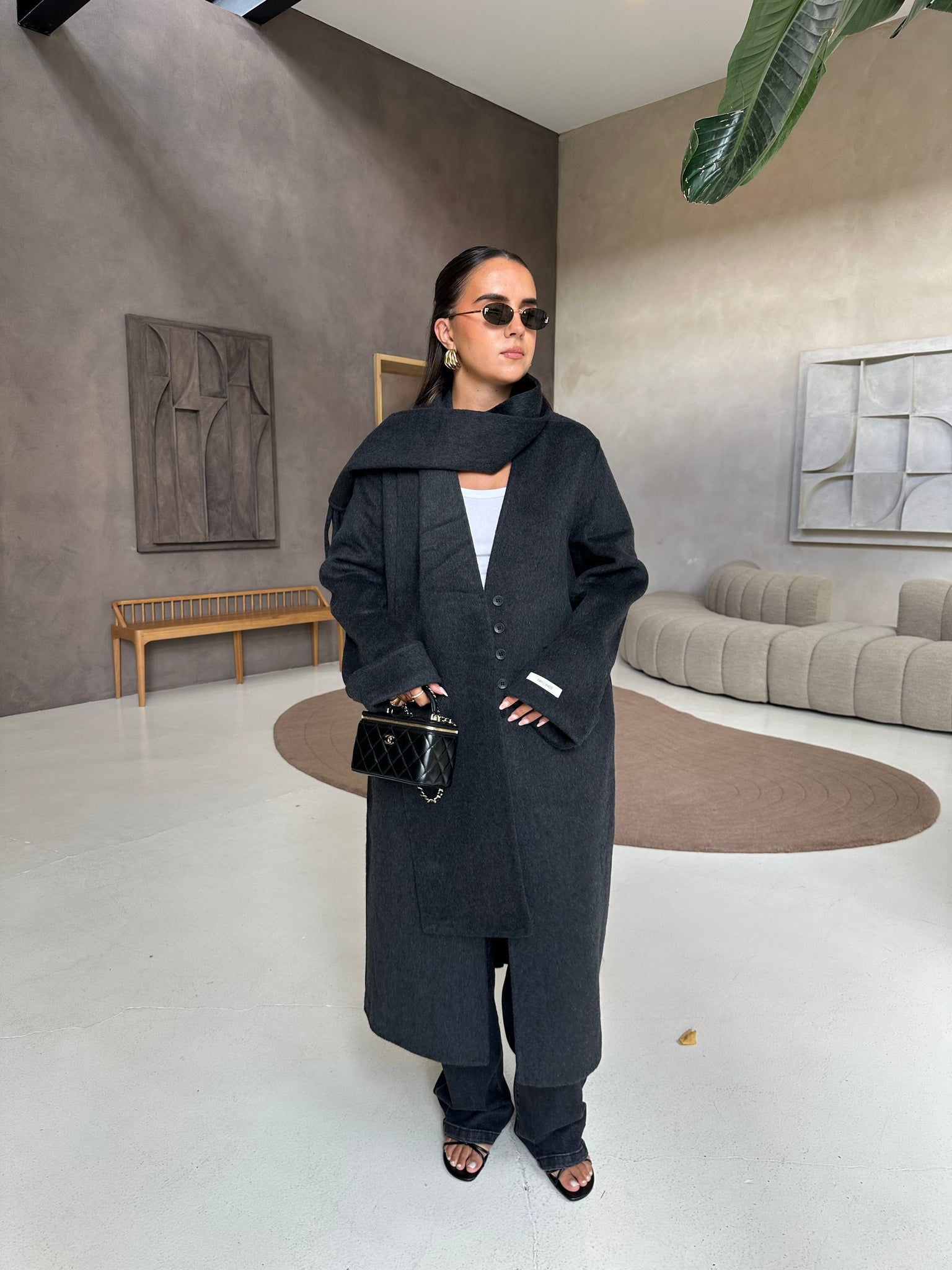 Manteau long laine gris avec écharpe (25CY901)