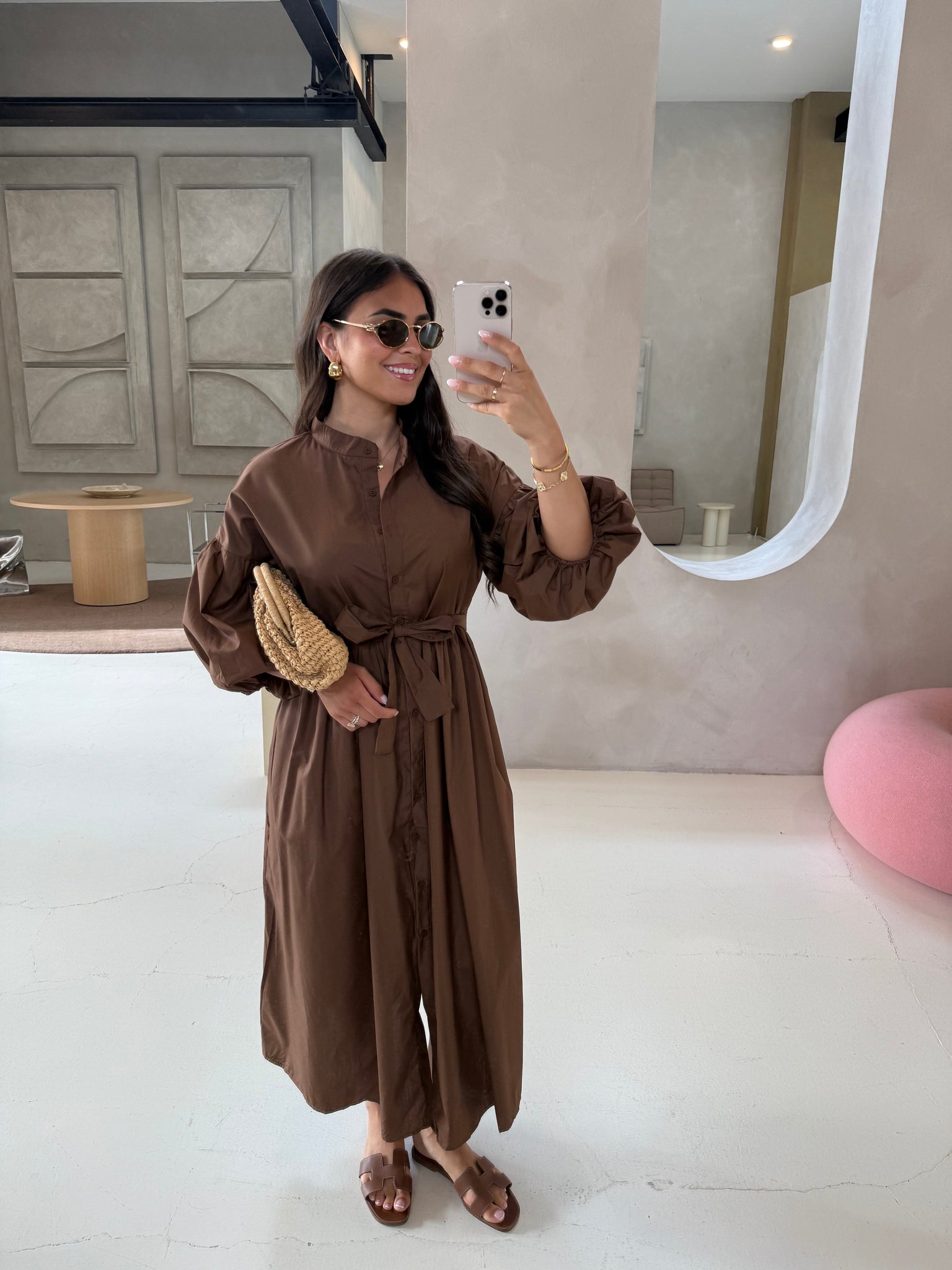 Robe longue manche bouffante marron (SC208)