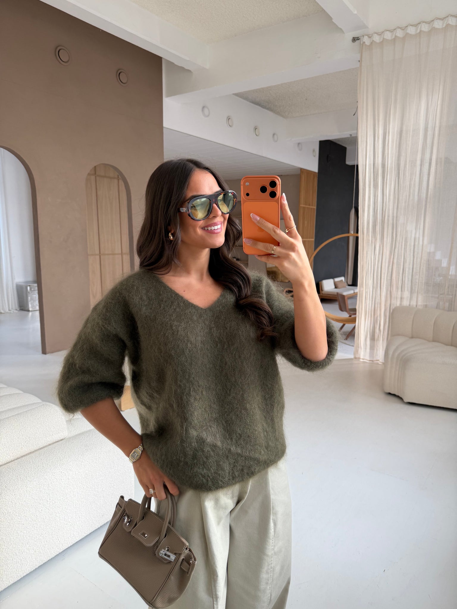 Pull manche courte MOHAIR kaki  (22017)