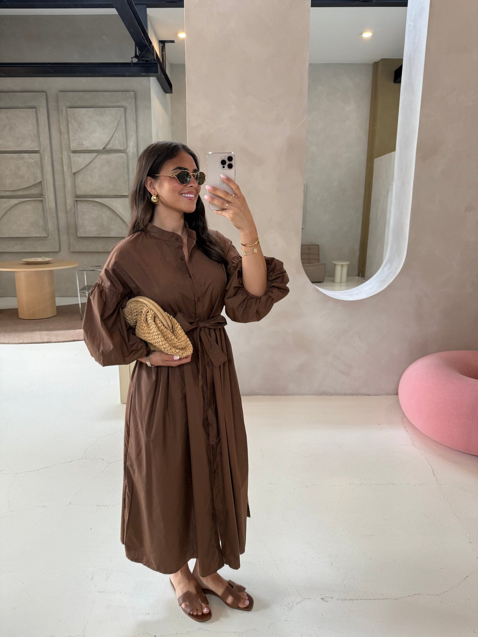 Robe longue manche bouffante marron (SC208)