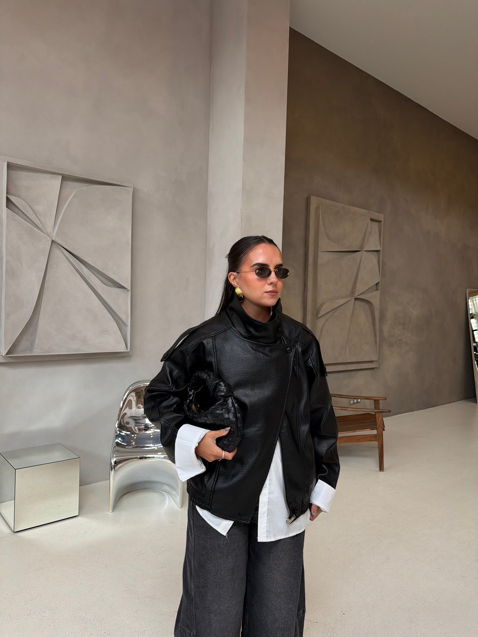 Veste en similicuir noir oversize KZ (8822)