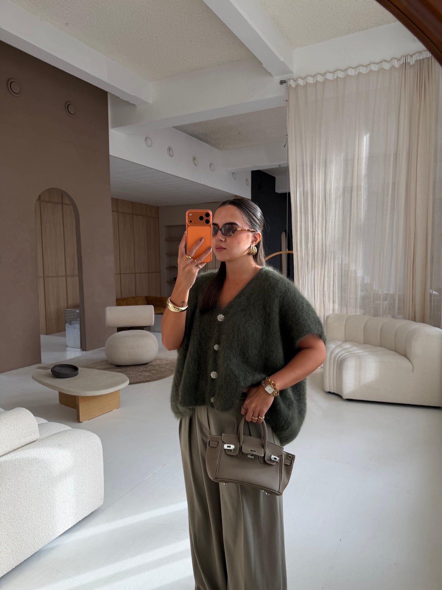 Gilet kid mohair bijoux kaki (24004)